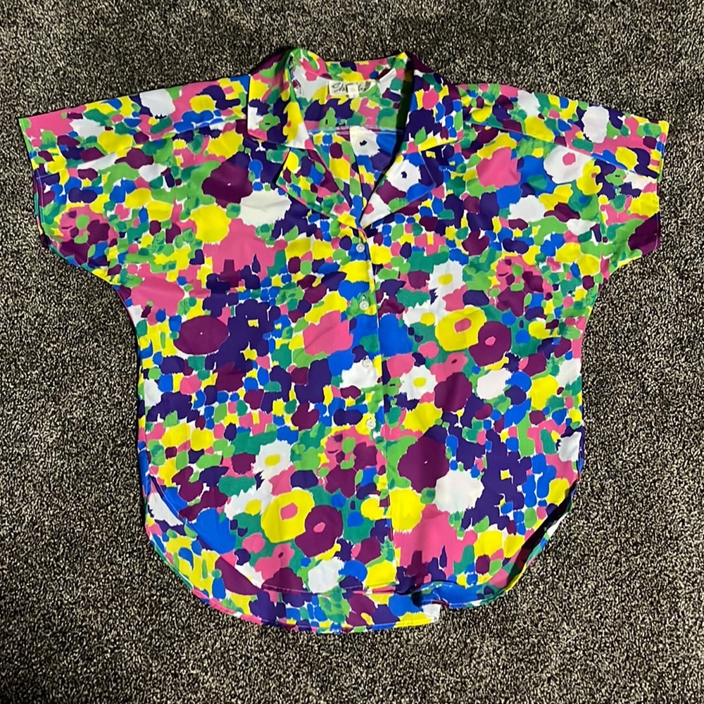 Vintage 80s Shapely women’s button up neon abstract top colorful art shirt